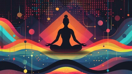 Surreal illustration of a yogi in meditation pose amidst colorful abstract waves and geometric elements.