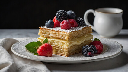 Wall Mural - Classic Napoleon cake with puff pastry, butter cream, and frui