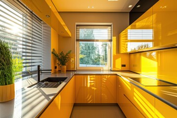 Wall Mural - Yellow Kitchen Interior Design: Modern Luxury Home with Stylish Window View