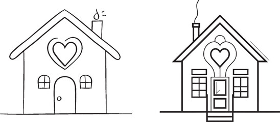 Leinwandbilder - A single thin line drawing with two hearts inside a house, symbolizing love and family.