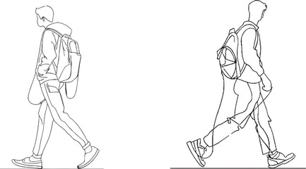 Aufkleber - Hiking man with backpack and trekking poles in continuous line art drawing style. Nordic walking. Black linear sketch isolated on white background. Illustration of modern lifestyle.