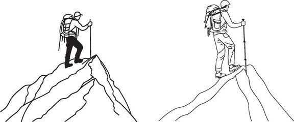 Sticker - On top of a mountain peak, a man is sitting with a backpack and trekking poles in continuous line art drawing style. Hiking and mountain climbing. Black linear sketch isolated on white.