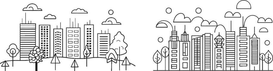 Wall Mural - Cityscape continuous one line modern drawing. Panoramic landscape of the Metropolis with skyscrapers. Apartment buildings isolated minimalistic illustration.