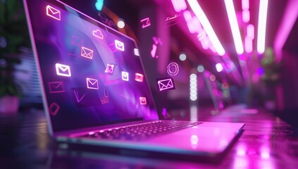 Close-up of a modern laptop standing on a dark table surrounded by a holographic bright screen. Technology concept.