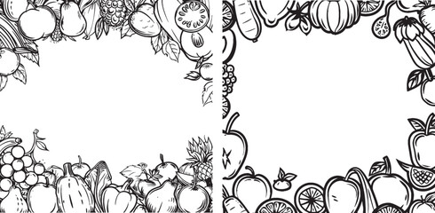 Aufkleber - A seamless pattern with fruits, vegetables, and space for text. Modern background. One line art style. Frame with organic food. Also useful as a banner, flyer, or texture.