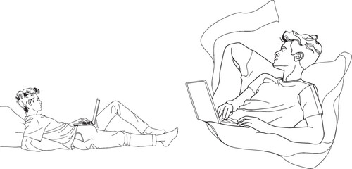Poster - Drawing in one continuous line. Young man sitting with laptop computer in armchair. Modern illustration.