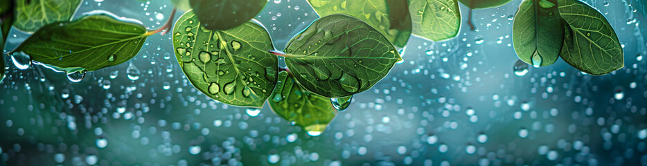 Wall Mural - rainy window with blurred raindrops and a green leaf in the foreground, watercolor, light blue and t