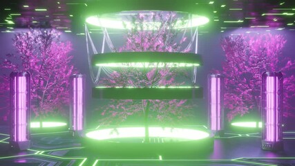 Wall Mural - 3D rendering of trees with glowing lights in futuristic area