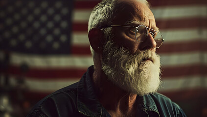 Elderly man with a white beard and glasses stands in front of an American flag, showing a sense of pride and patriotism.