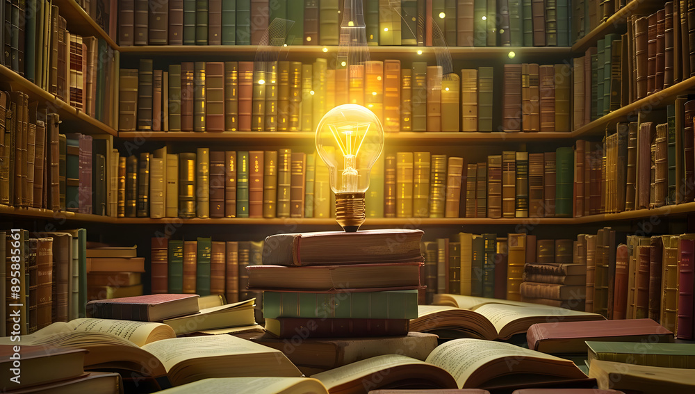 Library Bulb Illuminated vintage light bulb amongst open books in a cozy library ...