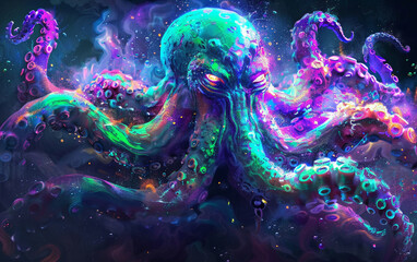 Canvas Print - cthulhu coming out of the ocean, vaporware, neon colors