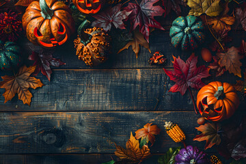 Poster - Creative autumn Halloween layout with various leaves and pumkins on dark wooden backgound. Flat lay.