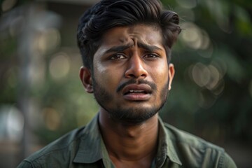 Sad Indian young man shedding tears, looking very upset,Indian young man with a sad expression, crying like a baby