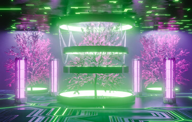 Wall Mural - 3D rendering of trees with glowing lights in futuristic area