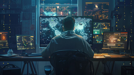 programmer works at the computer, looks at the monitor