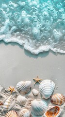 Wall Mural - A top-down view of a sandy shore with scattered shells and gentle sea foam meeting clear ocean waters. Perfect for summer and vacation themes, banners, text overlays, or travel inspiration.