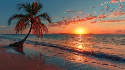 Wall Mural - Palm Tree Sunset on a Tropical Beach