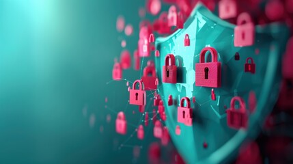 Wall Mural - a conceptual image of a shield adorned with digital lock icons, symbolizing the protection and defen