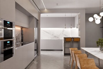 Wall Mural - A modern kitchen with white cabinets and a white countertop.3D illustrator