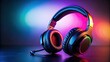 © Jotch - Close-up view of black gaming headphones with microphone and colorful light accents, gaming, headphones, colorful
