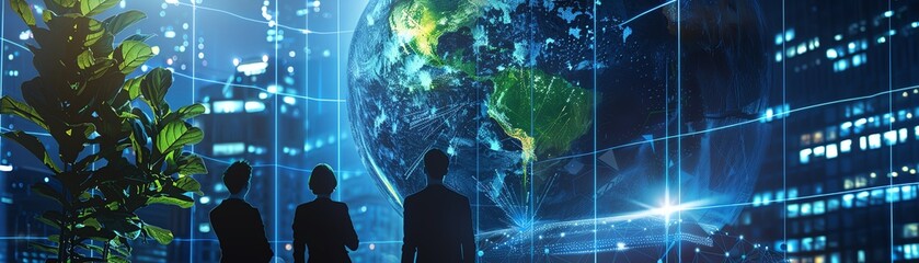Silhouettes of people looking at a futuristic digital Earth interface in a high-tech environment, symbolizing global connection and technology.