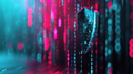 Wall Mural - a conceptual image of a shield with binary code patterns, symbolizing the protection against cyber t