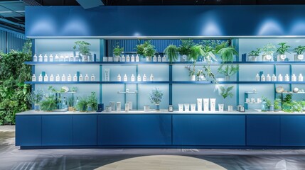 Wall Mural - Modern Store Interior with Blue Shelves and Greenery