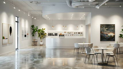 contemporary art museum exhibition space with café area,