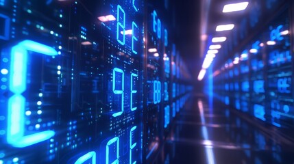 Poster - Abstract Blue Numbers Moving in Abstract Server Room with DOF Blur. Looped 3D Animation of Datacenter. Business and Futuristic Technology Concept. 4k Ultra HD 3840x2160.
