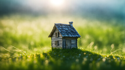 A small house on the grass, wilderness living, camping, wilderness living