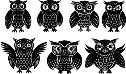 Flat owl silhouette vector art set with white  background