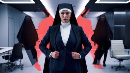 Poster - A woman in a nun costume standing next to an office chair, AI