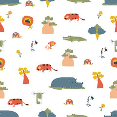 Wall Mural - Vector Seamless Pattern with Wild Jungle Animals on Blue Background