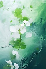 Wall Mural - Digital painting of water lilies with clovers underwater.