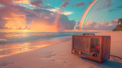 Canvas Print - Sunset Beach with Rainbow and Vintage Radio