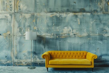 Wall Mural - yellow sofa and lamp on grunge wall background