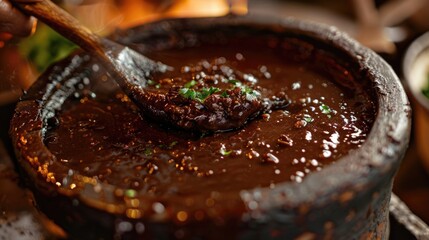 Chef preparing flavorful soup with wooden spoon in pot.