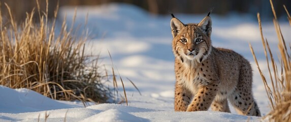 Eurasian lynx cub walking on snow with high yellow grass on background.