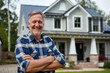 © Michael - Friendly Middle-Aged Homeowner In Front Of Modern Eco-Friendly House: Perfect For Real Estate Or Solar Energy Ads
