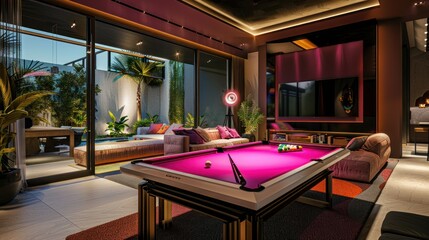 Canvas Print - Luxury Poolside Game Room with Pink Billiard Table