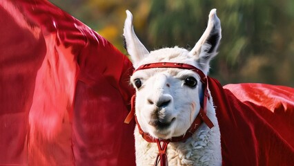 Super Llama wearing red cape flying in the sky, blue skies, sun, landscape,