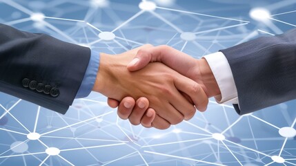 Wall Mural - business people shaking hands with network illustration hologram
