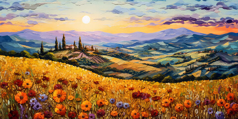 Poster - Poppies field. Beautiful rural evening landscape. Printable oil painting