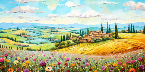 Sticker - Landscape with poppy flowers and village. Printable horizontal illustration of oil painting style