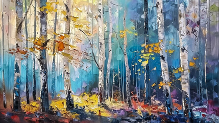 Poster - Digital oil painting of autumn birch forest. Colorful autumn landscape