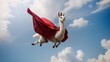 © setvin - Super Llama wearing red cape flying in the sky, blue skies, sun, landscape,