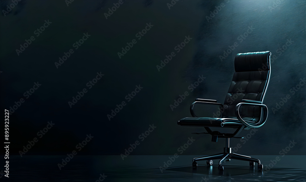Sleek modern black office chair illuminated by spotlight in a dark room ...