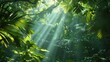 © Krungpol - Serene jungle scene with sunlight filtering through lush greenery, creating a peaceful and vibrant atmosphere.