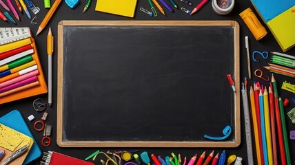 Educational background with colorful school supplies on a blackboard border, text space in the middle