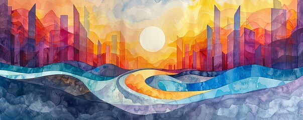 Wall Mural - A watercolor painting of a futuristic city nestled among towering skyscrapers, its vibrant colors and flowing lines creating a sense of wonder.